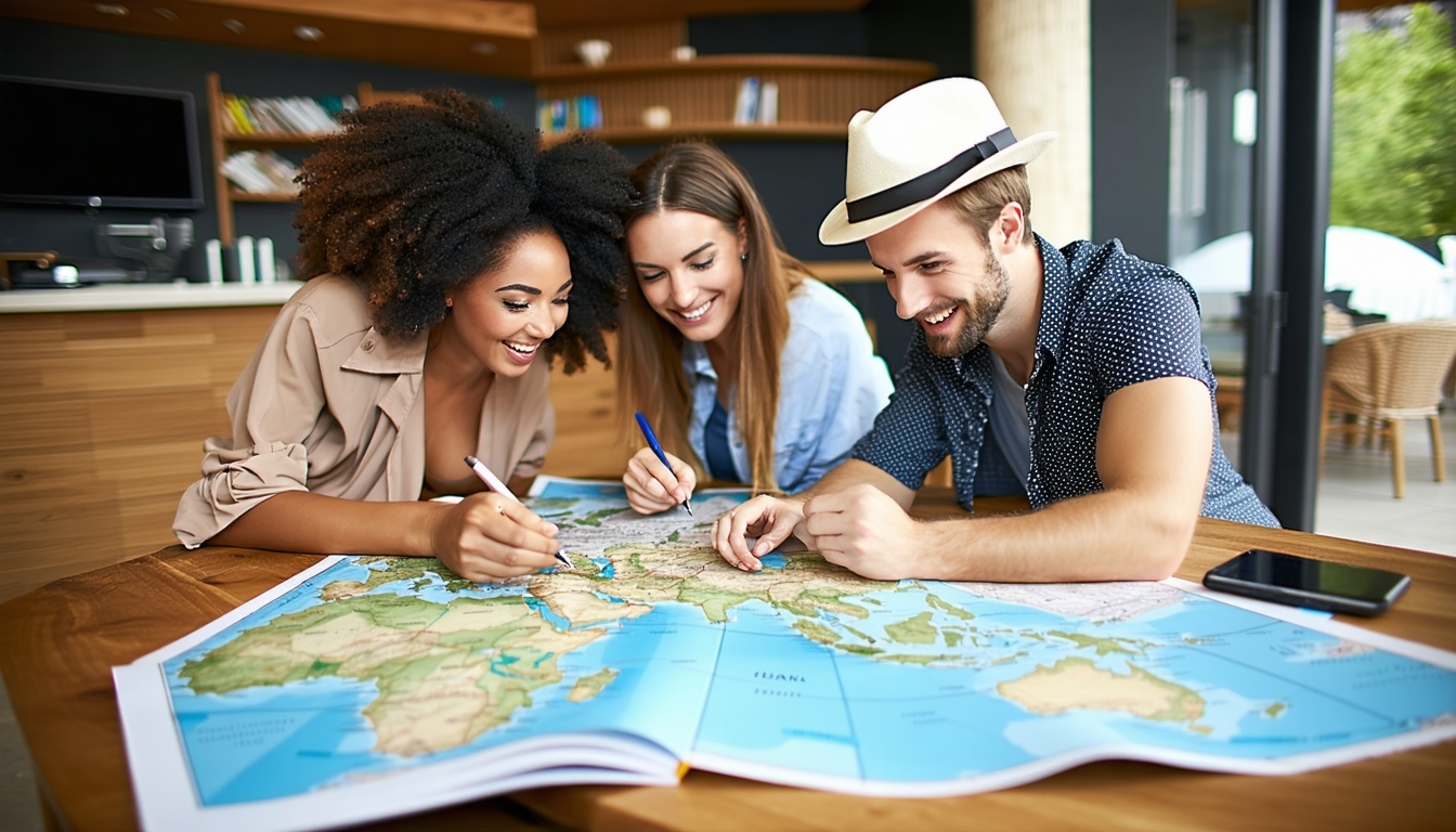 Happy travellers planning a route with Toll Way Travel