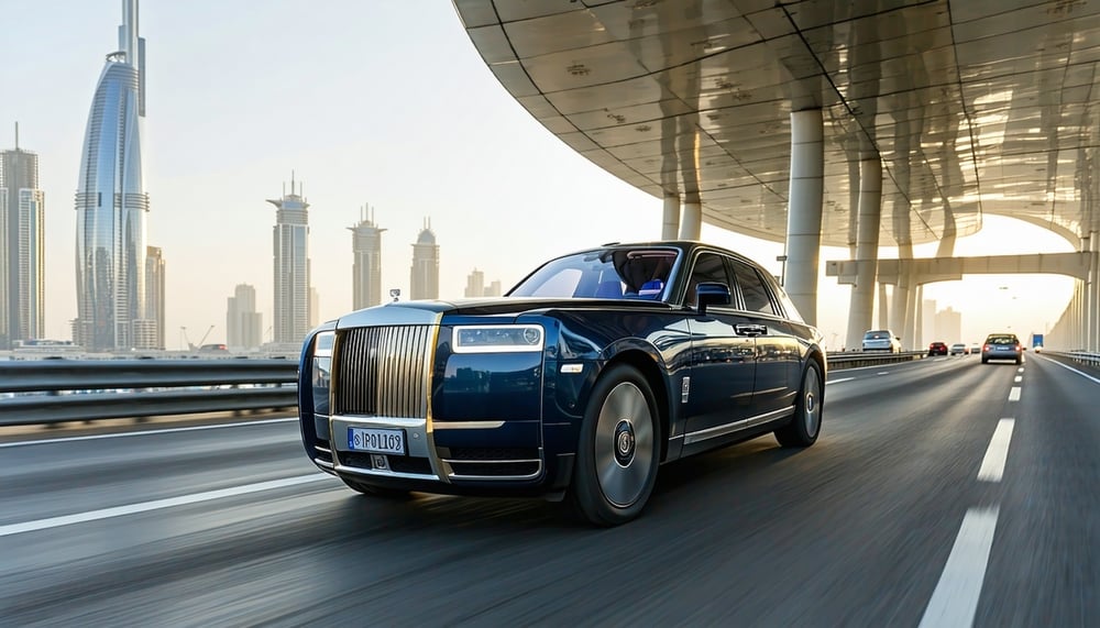 Luxury vehicle driving on Dubai toll road Luxury vehicle driving on Dubai toll road